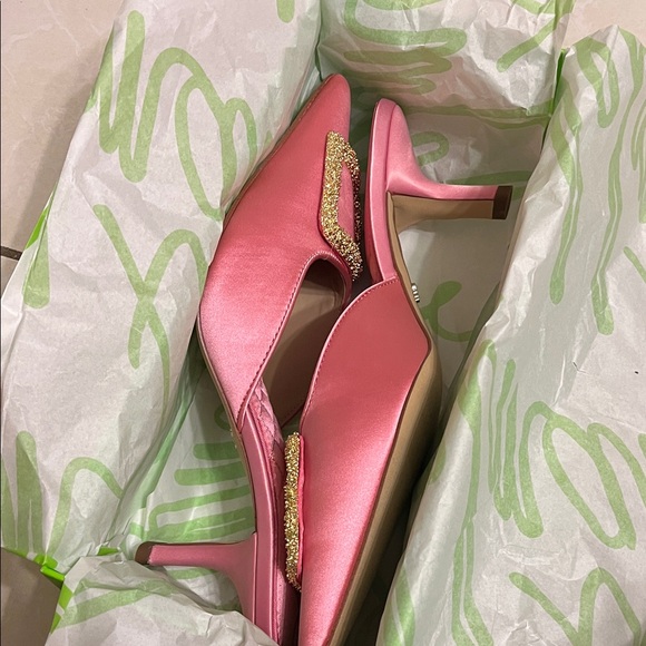 Sam Edelman Pink Satin Mules with Gold Buckle - Picture 8 of 9